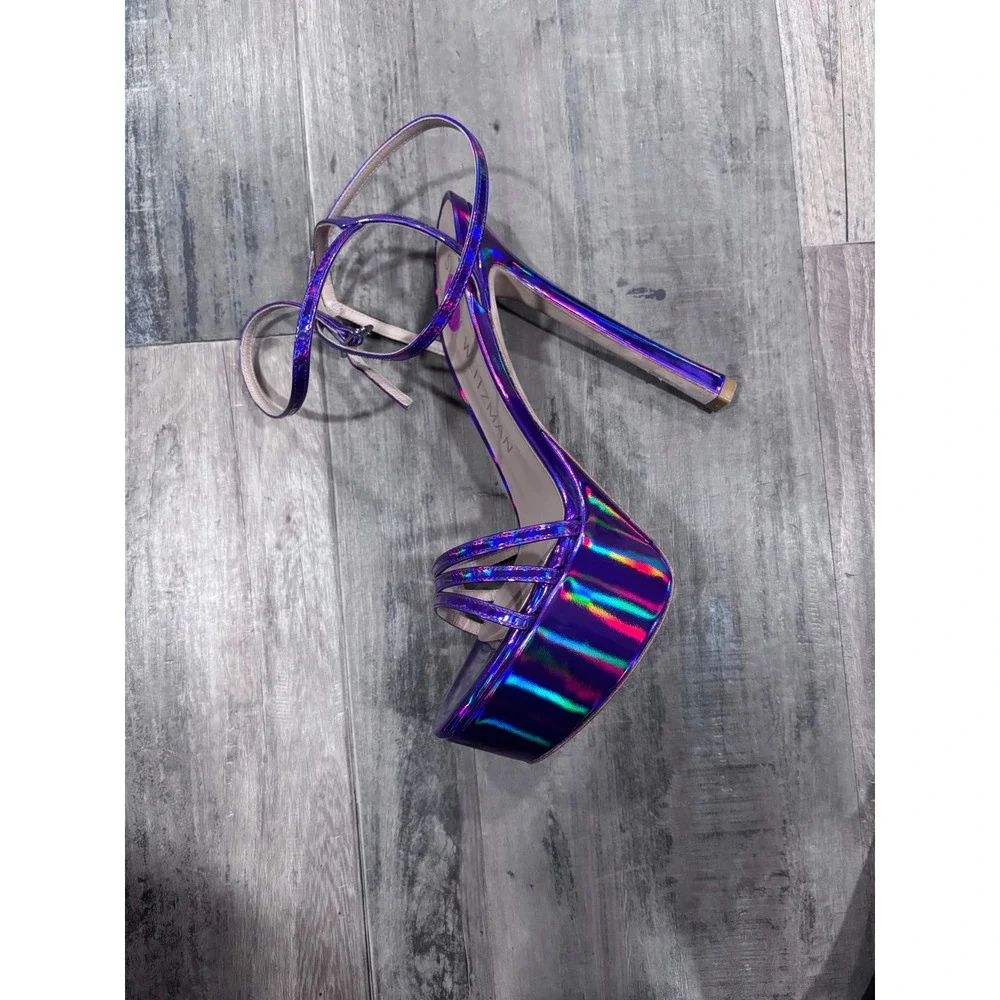 Stuart Weitzman Skyhigh 145 Purple Holographic Strappy Platform Sandal NWOT 8.5